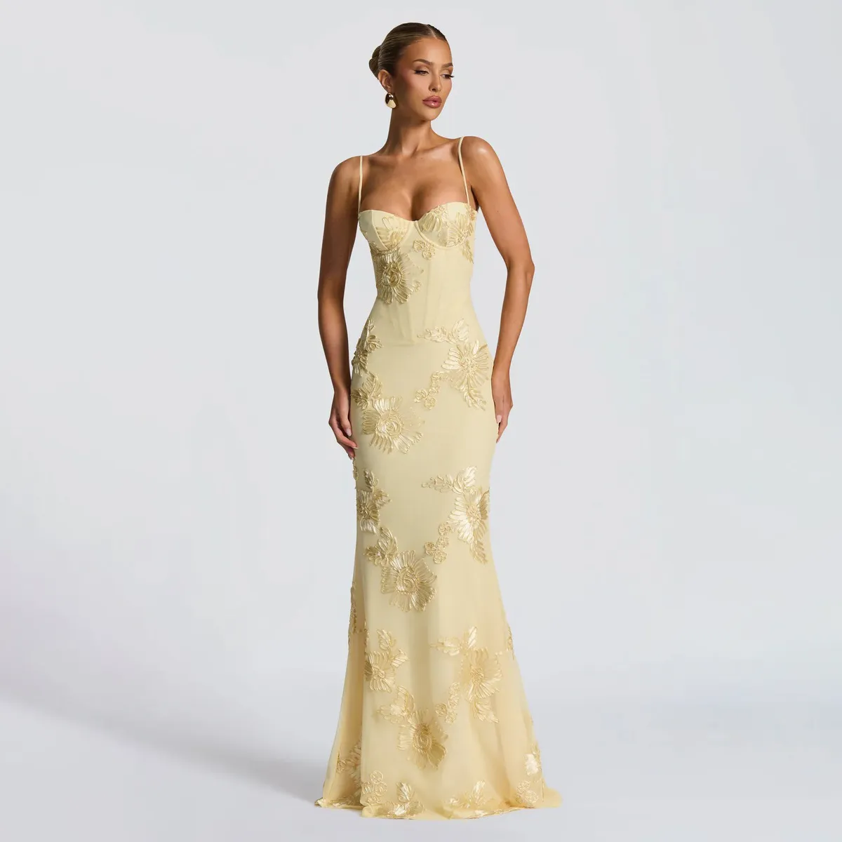 Women Fashion Elegant Summer Solid Color Flower Embroidered Spaghetti Strap Slim-Fit Backless Evening Dress