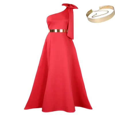 Women Fashion Elegant Solid Color Slant Shoulder Bow A- Line African Party Dress