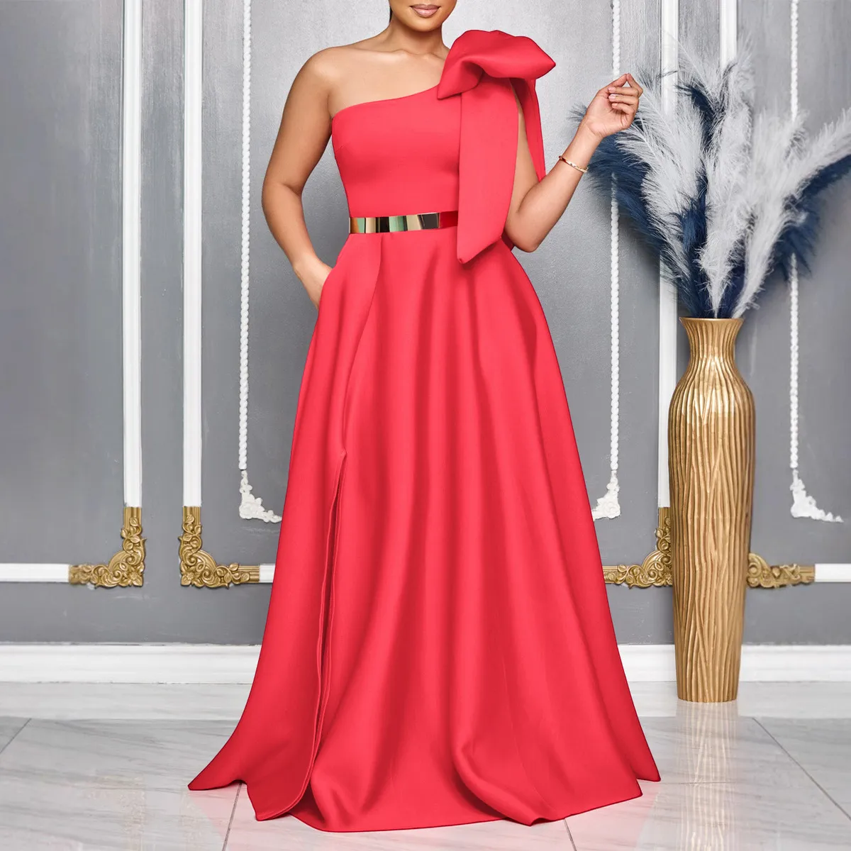 Women Fashion Elegant Solid Color Slant Shoulder Bow A- Line African Party Dress