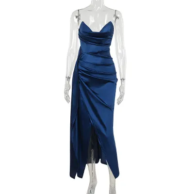Women Fashion Sexy Elegant Solid Color Satin Deep-V Neck Slim-Fit Waist Split Party Dress