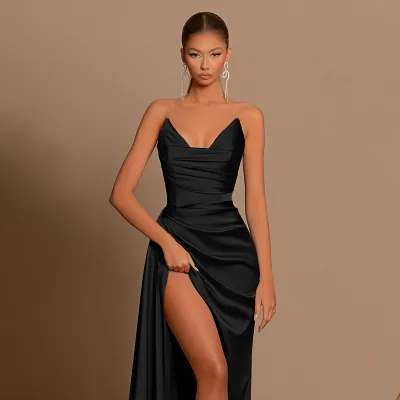 Women Fashion Sexy Elegant Solid Color Satin Deep-V Neck Slim-Fit Waist Split Party Dress