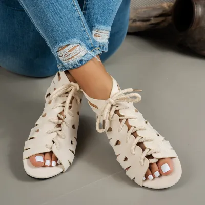 Women Fashion Casual Retro Solid Color Hollow Flat Lace-Up Sandals