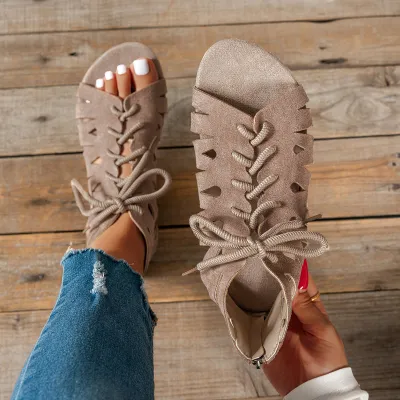 Women Fashion Casual Retro Solid Color Hollow Flat Lace-Up Sandals