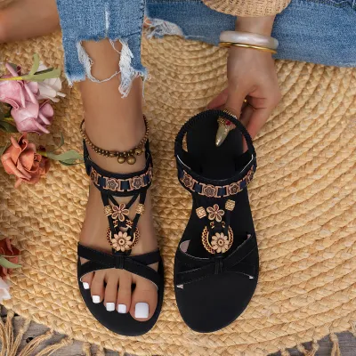 Women Fashion Casual Summer Boho Round-Toe Non-Slip Rubber Flat Breathable Sandals