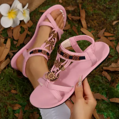 Women Fashion Casual Summer Boho Round-Toe Non-Slip Rubber Flat Breathable Sandals