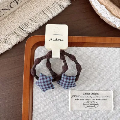 Kids Girls Fashion Plaid Star High Elastic Rubber Hair Tie 2pcs/Set