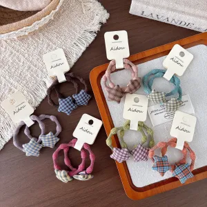 Kids Girls Fashion Plaid Star High Elastic Rubber Hair Tie 2pcs/Set