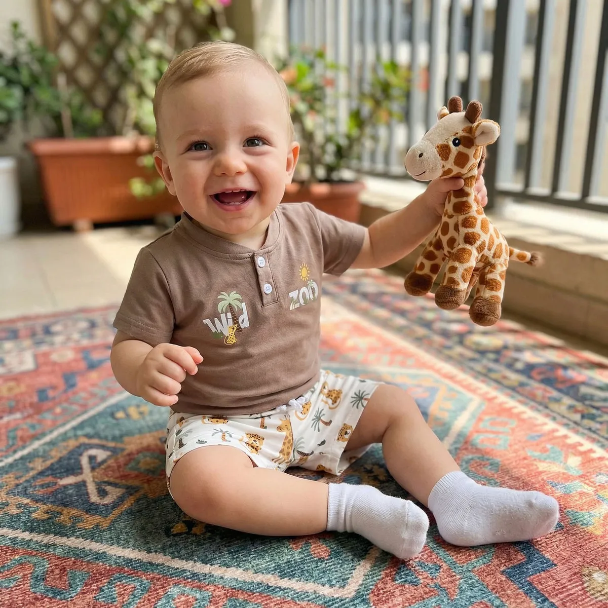 Kids Baby Boys Fashion Cartoon Summer Giraffe Print Polo Collar Short-Sleeve T-Shirt Shorts Two-Piece Set