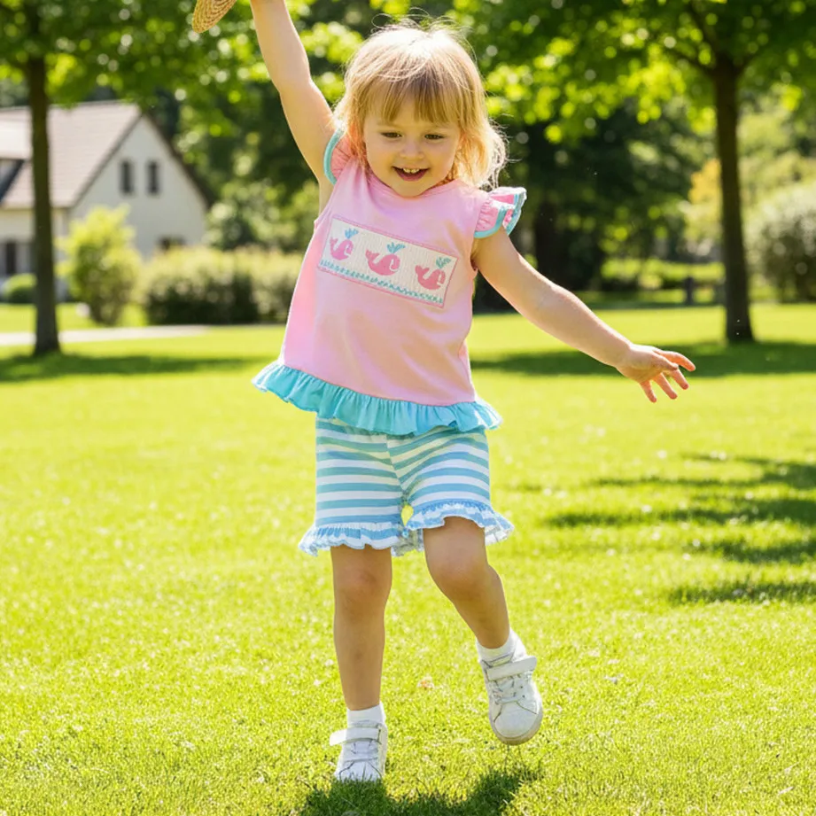 Kids Baby Girl Fashion Cute Summer Whale Embroidered Flying Sleeve Tank Top Stripe Shorts Two-Piece Set