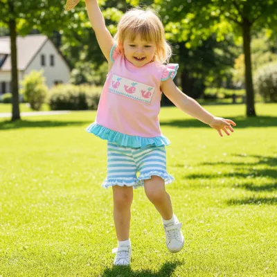 Kids Baby Girl Fashion Cute Summer Whale Embroidered Flying Sleeve Tank Top Stripe Shorts Two-Piece Set