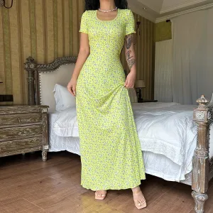 Women Fashion Tiny Flower Print U-Neck Short Sleeve Maxi Dress