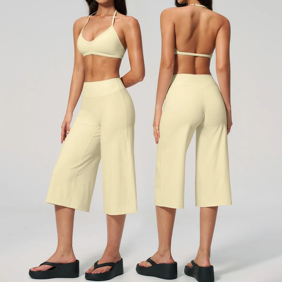 Women Fashion Solid Color Shockproof Bra Quick-Drying High Waist Pants Yoga Sports Two-Piece Set