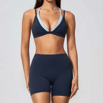 Women Fashion Sexy Naked Thin No Steel Ring Fake Two-Piece Bra Tight Shorts Sports Two-Piece Set