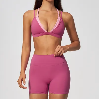 Women Fashion Sexy Naked Thin No Steel Ring Fake Two-Piece Bra Tight Shorts Sports Two-Piece Set