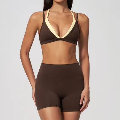 Women Fashion Sexy Naked Thin No Steel Ring Fake Two-Piece Bra Tight Shorts Sports Two-Piece Set