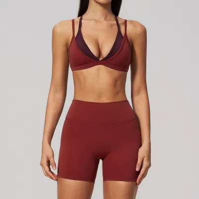Women Fashion Sexy Naked Thin No Steel Ring Fake Two-Piece Bra Tight Shorts Sports Two-Piece Set