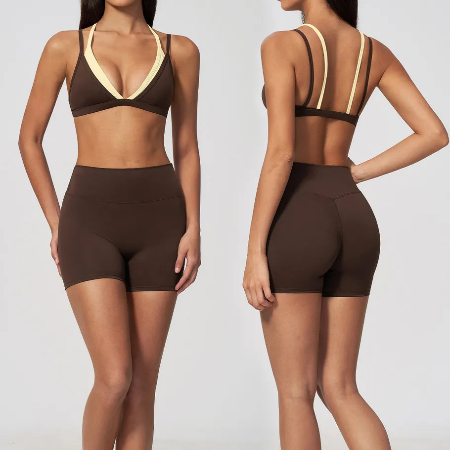 Women Fashion Sexy Naked Thin No Steel Ring Fake Two-Piece Bra Tight Shorts Sports Two-Piece Set