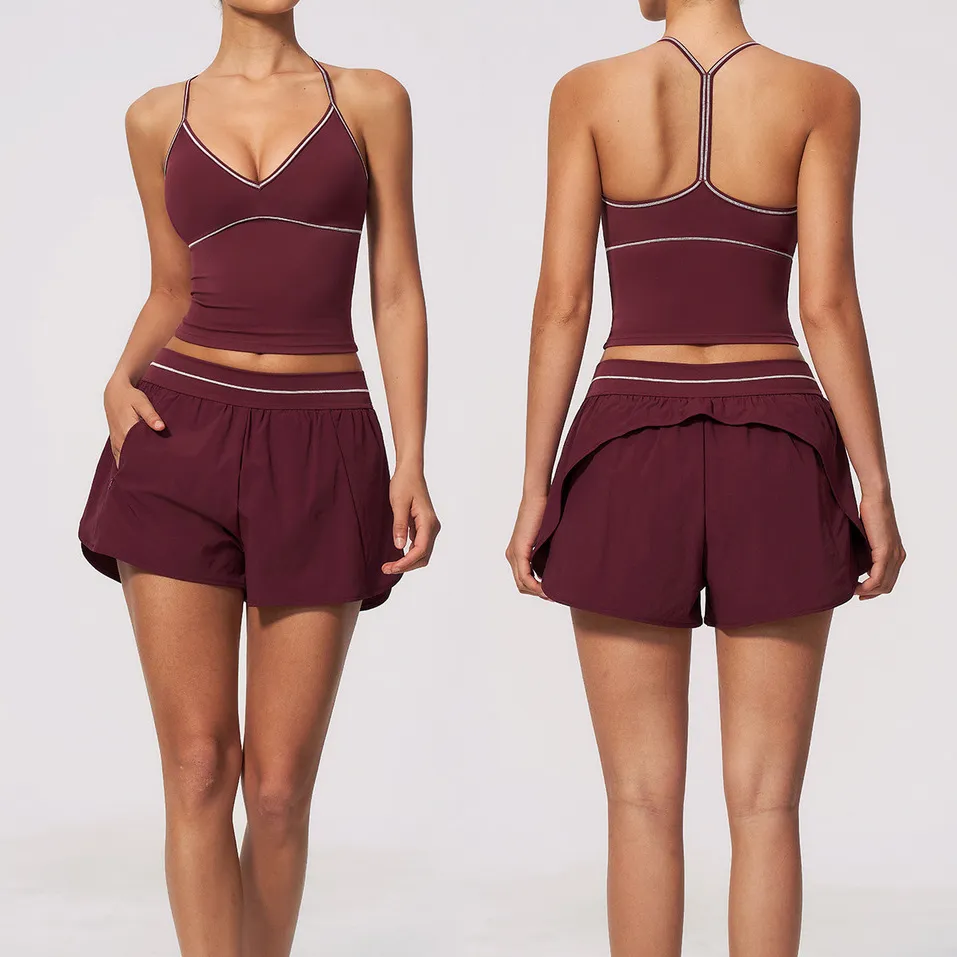 Women Fashion Casual Contrast Color Scrub V-Neck Camisole Loose Shorts Quick-Drying Sports Two-Piece Set