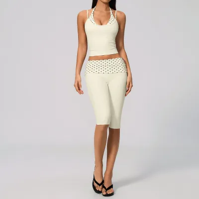 Women Fashion Casual Color-Block Fake Two-Piece Camisole High Elastic Breathable Pants Sports Two-Piece Set