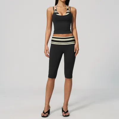Women Fashion Casual Color-Block Fake Two-Piece Camisole High Elastic Breathable Pants Sports Two-Piece Set