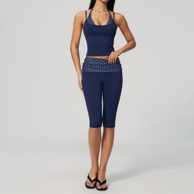 Women Fashion Casual Color-Block Fake Two-Piece Camisole High Elastic Breathable Pants Sports Two-Piece Set