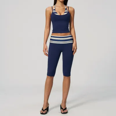 Women Fashion Casual Color-Block Fake Two-Piece Camisole High Elastic Breathable Pants Sports Two-Piece Set