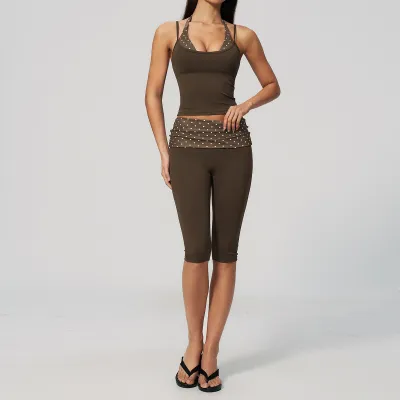 Women Fashion Casual Color-Block Fake Two-Piece Camisole High Elastic Breathable Pants Sports Two-Piece Set