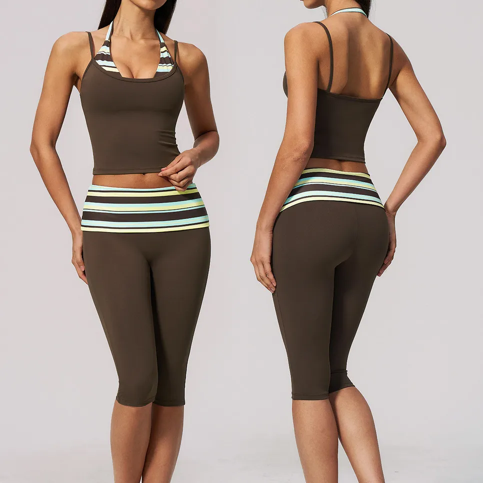 Women Fashion Casual Color-Block Fake Two-Piece Camisole High Elastic Breathable Pants Sports Two-Piece Set