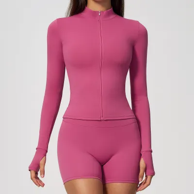 Women Fashion Casual Solid Color Long-Sleeve Zipper Tight Breathable Quick-Drying Yoga Sports Jacket