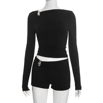 Women Simple Solid Color Long-Sleeve Top And Shorts Two-Piece Set