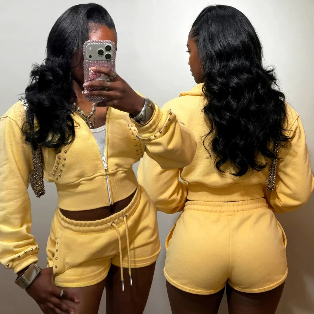 Women Athleisure Casual Solid Hoodie And Shorts Two-Piece Set