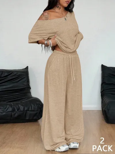 Women'S Casual Solid Color Slant Collar Short Sleeve Top And Wide Leg Pants Two-Piece Set