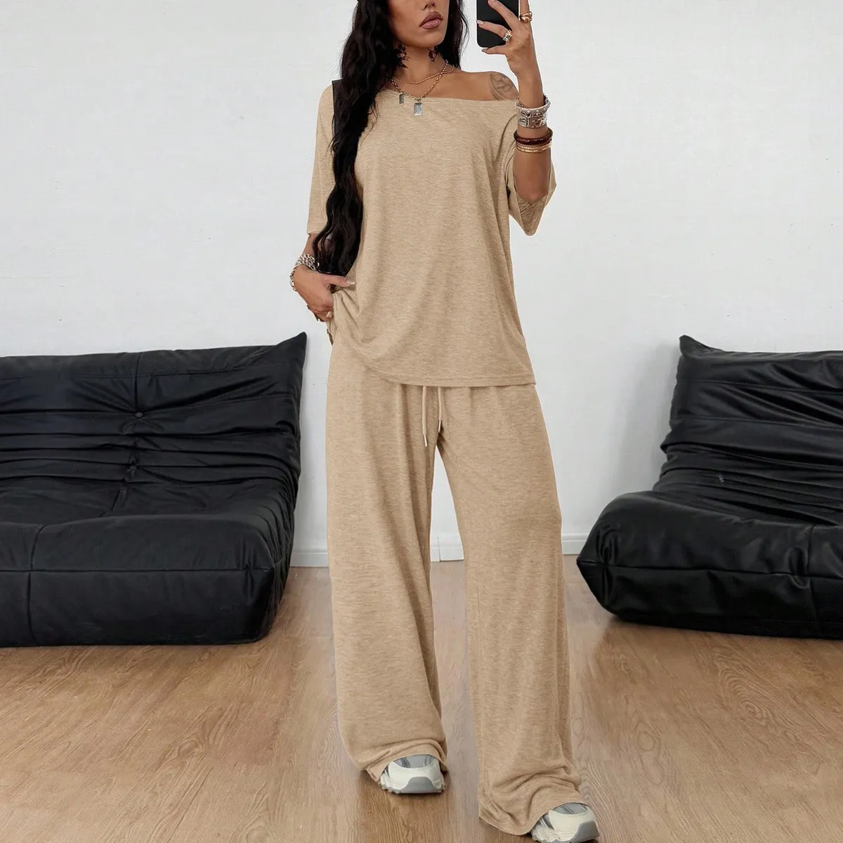 Women'S Casual Solid Color Slant Collar Short Sleeve Top And Wide Leg Pants Two-Piece Set