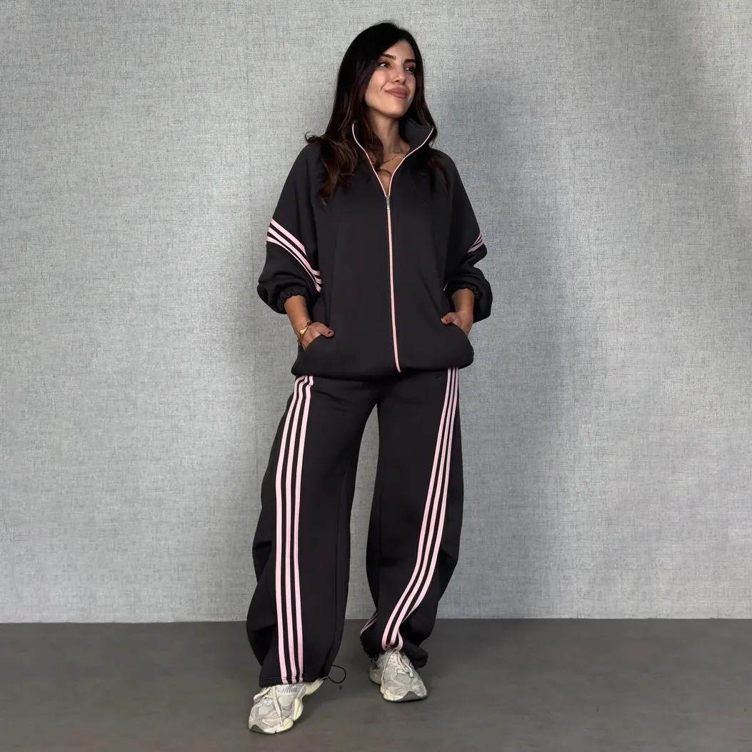 Women'S Fashion Casual Autumn Contrast Color Stripe Collar Zipper Long-Sleeve Loose Coat Straight Pants Two-Piece Set