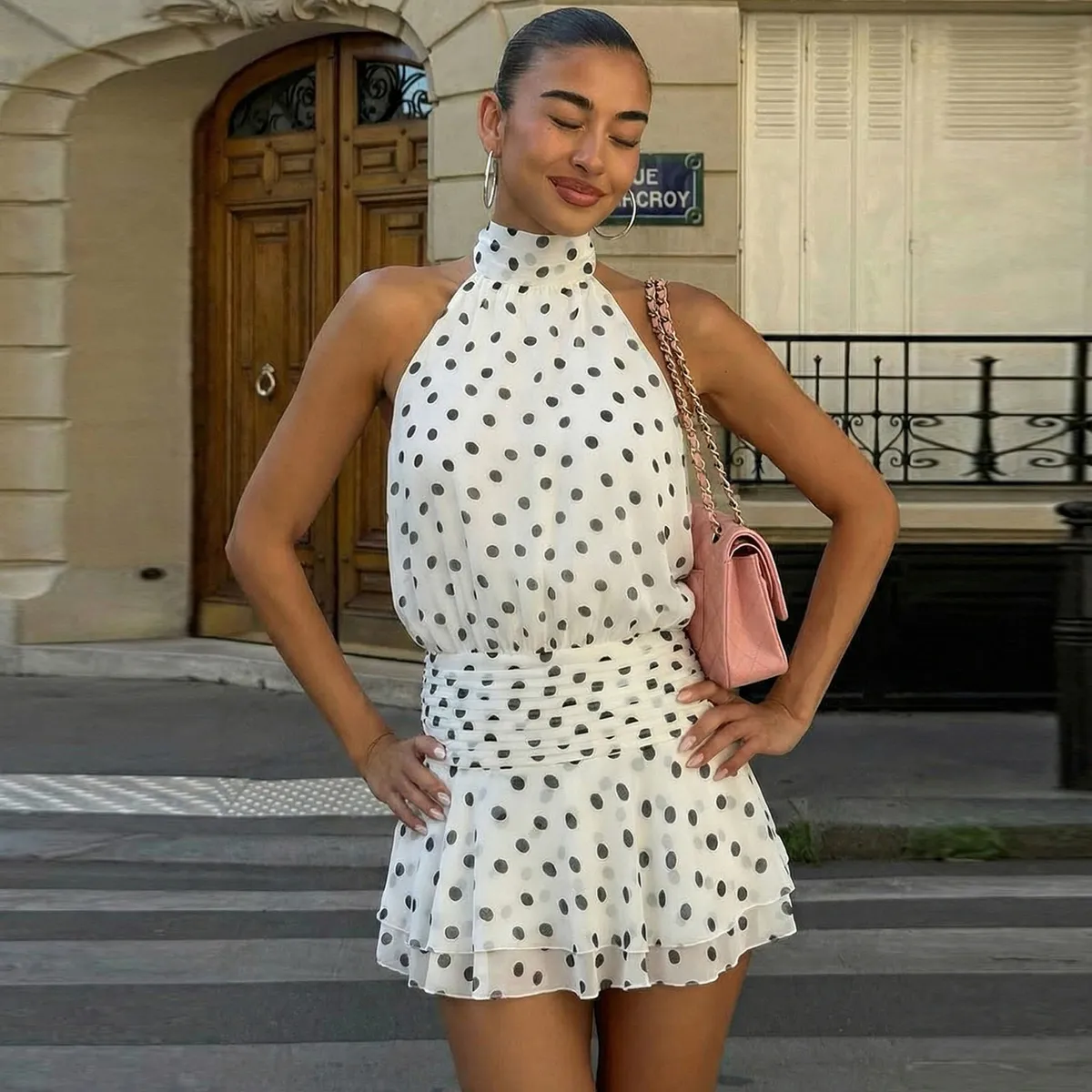 Women Fashion Polka Dot Halter Sleeveless Mini Dress