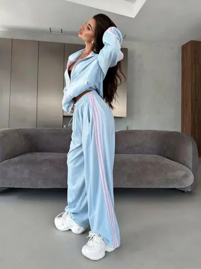 Women Athleisure Casual Autumn Velvet Color Contrast Vertical Collar Zipper Long-Sleeve Coat High Waist Drawstring Wide Leg Pants Two-Piece Set