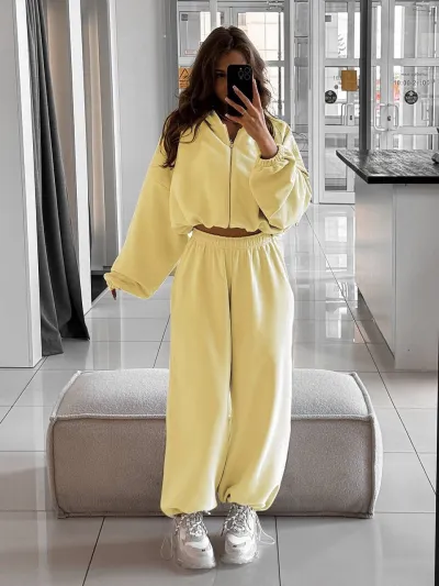 Women'S Athleisure Fashion Casual Solid Color Long-Sleeve Zipper Hoodies Cardigan Wide Leg Pants Two-Piece Set