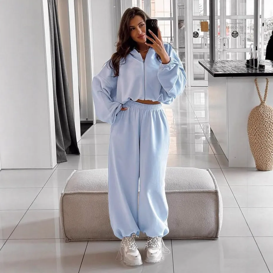 Women'S Athleisure Fashion Casual Solid Color Long-Sleeve Zipper Hoodies Cardigan Wide Leg Pants Two-Piece Set