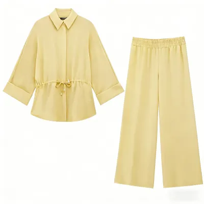 Women'S Fashion Casual Spring Solid Color Lapel Long Sleeve Drawstring Blouse Loose Pants Two-Piece Set