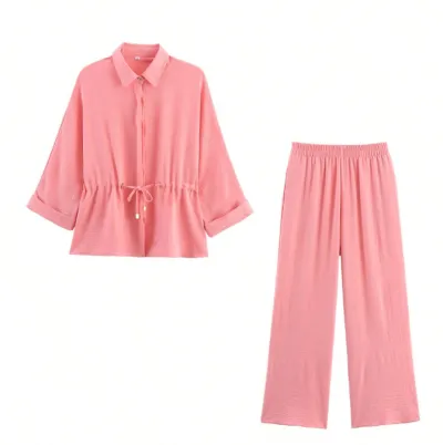 Women'S Fashion Casual Spring Solid Color Lapel Long Sleeve Drawstring Blouse Loose Pants Two-Piece Set