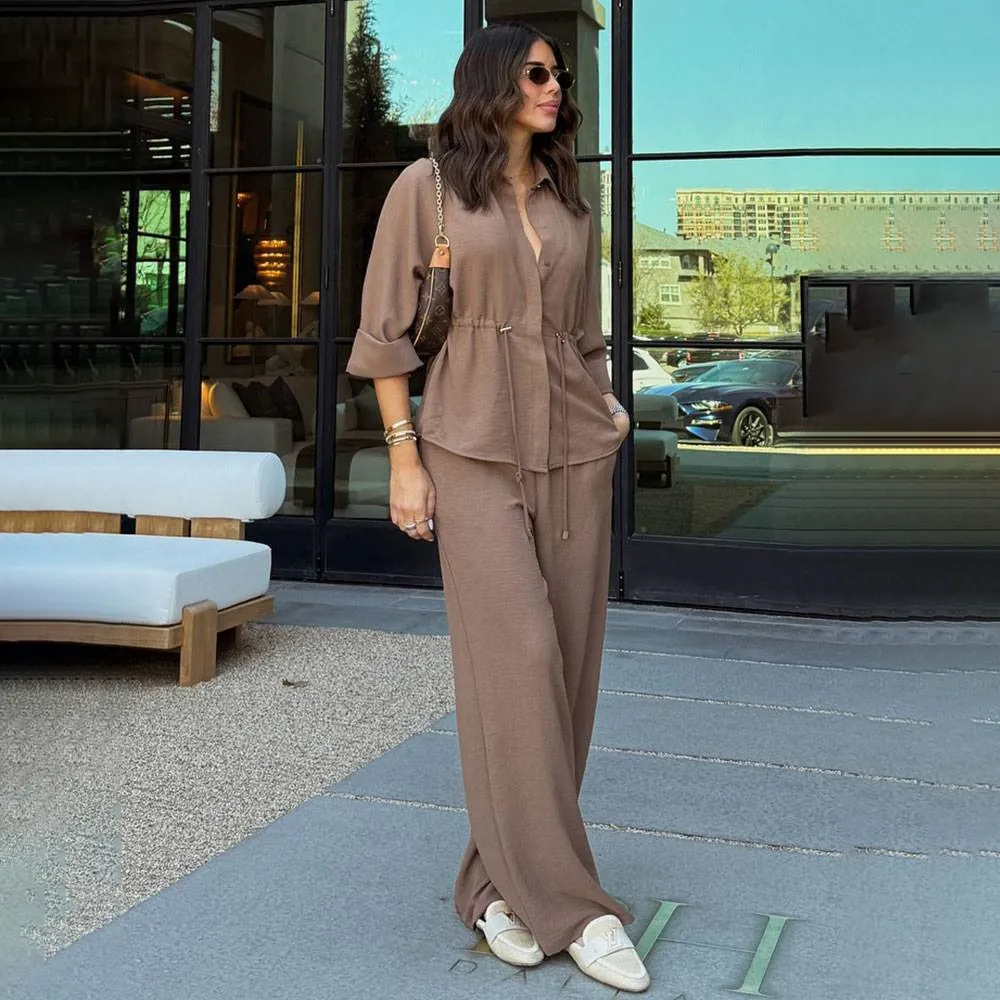 Women'S Fashion Casual Spring Solid Color Lapel Long Sleeve Drawstring Blouse Loose Pants Two-Piece Set