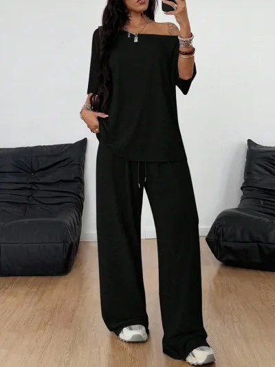 Women Fashion Casual Spring Solid Color Oblique Collar Short-Sleeve Top Wide-Leg Pants Two-Piece Set