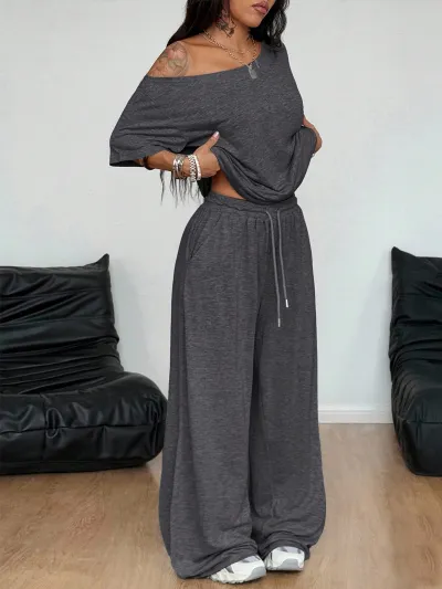 Women Fashion Casual Spring Solid Color Oblique Collar Short-Sleeve Top Wide-Leg Pants Two-Piece Set