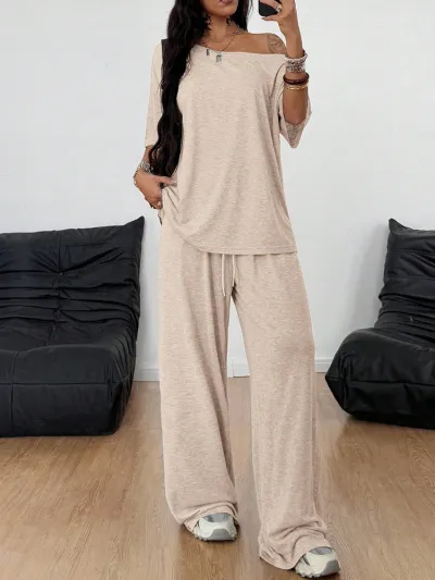 Women Fashion Casual Spring Solid Color Oblique Collar Short-Sleeve Top Wide-Leg Pants Two-Piece Set