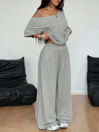 Women Fashion Casual Spring Solid Color Oblique Collar Short-Sleeve Top Wide-Leg Pants Two-Piece Set