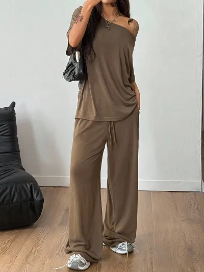 Women Fashion Casual Spring Solid Color Oblique Collar Short-Sleeve Top Wide-Leg Pants Two-Piece Set