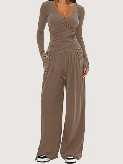 Women Fashion Casual Autumn And Winter Solid Color V-Neck Long Sleeve T-Shirt Wide Leg Pants Two-Piece Set