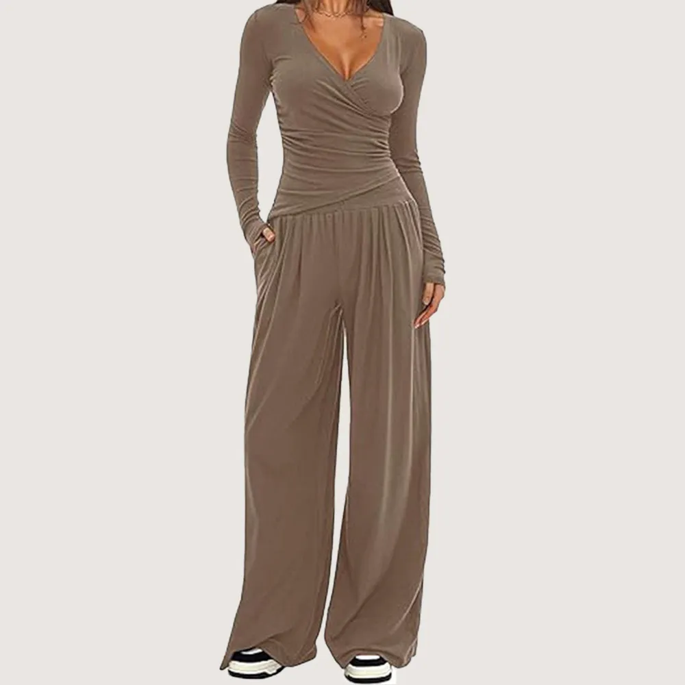 Women Fashion Casual Autumn And Winter Solid Color V-Neck Long Sleeve T-Shirt Wide Leg Pants Two-Piece Set