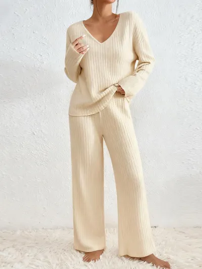 Women Fashion Casual Autumn And Winter Solid Color Long-Sleeve Top Wide-Leg Pants Two-Piece Set