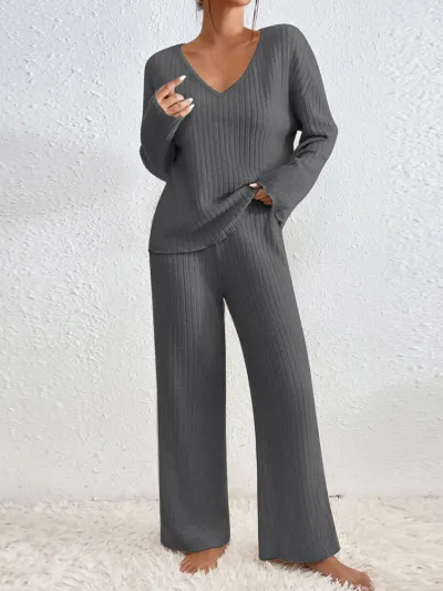 Women Fashion Casual Autumn And Winter Solid Color Long-Sleeve Top Wide-Leg Pants Two-Piece Set